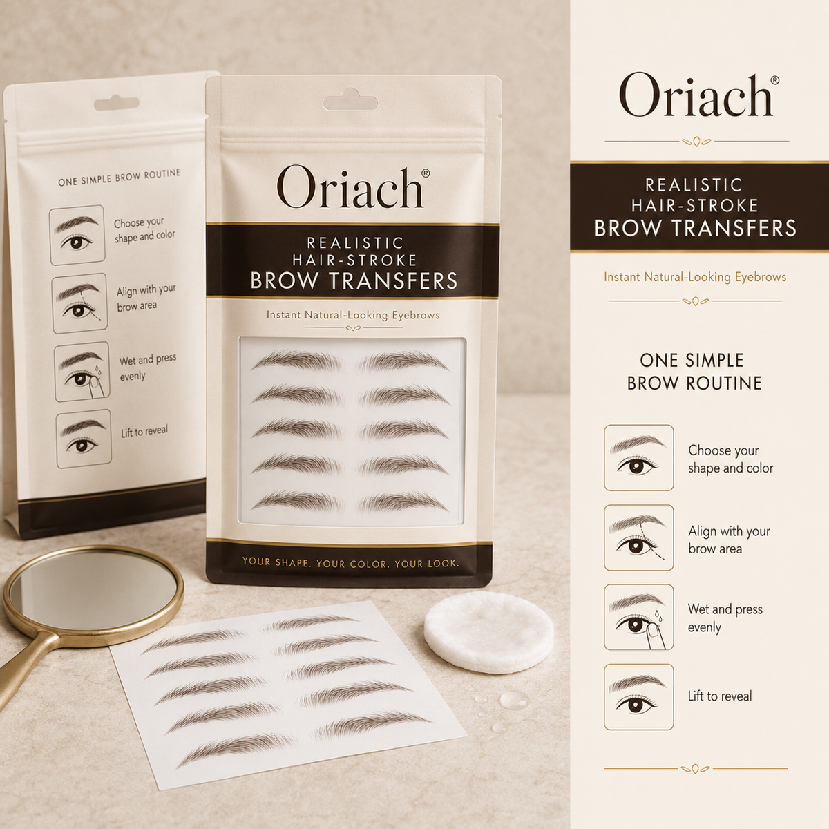 Oriach product pouch, transfer sheet and simple brow routine