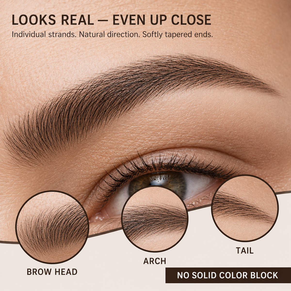 Macro view showing individual brow head, arch and tail hair strokes