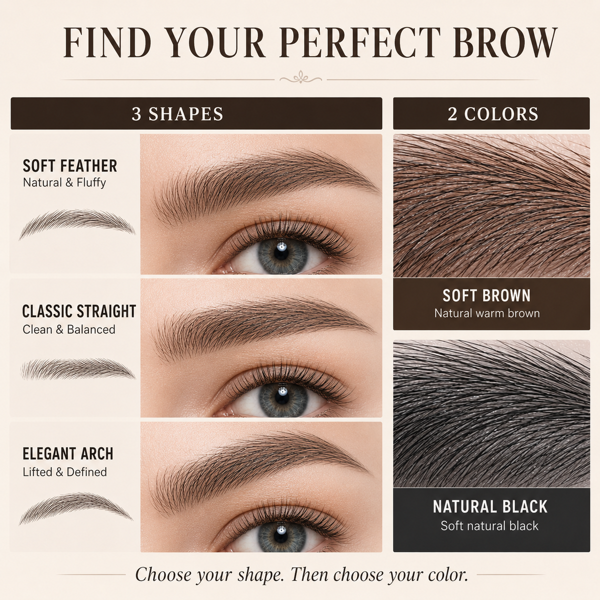 Oriach brow shape and color guide: Soft Feather, Classic Straight, Elegant Arch