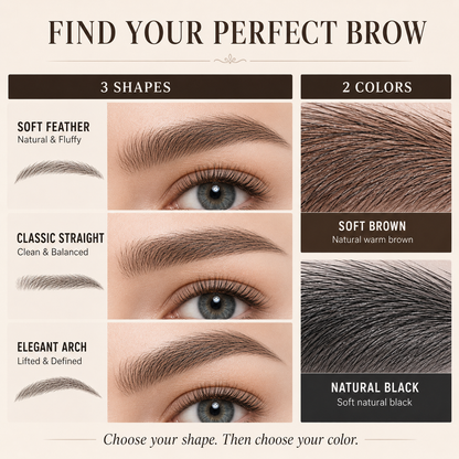 Oriach brow shape and color guide: Soft Feather, Classic Straight, Elegant Arch
