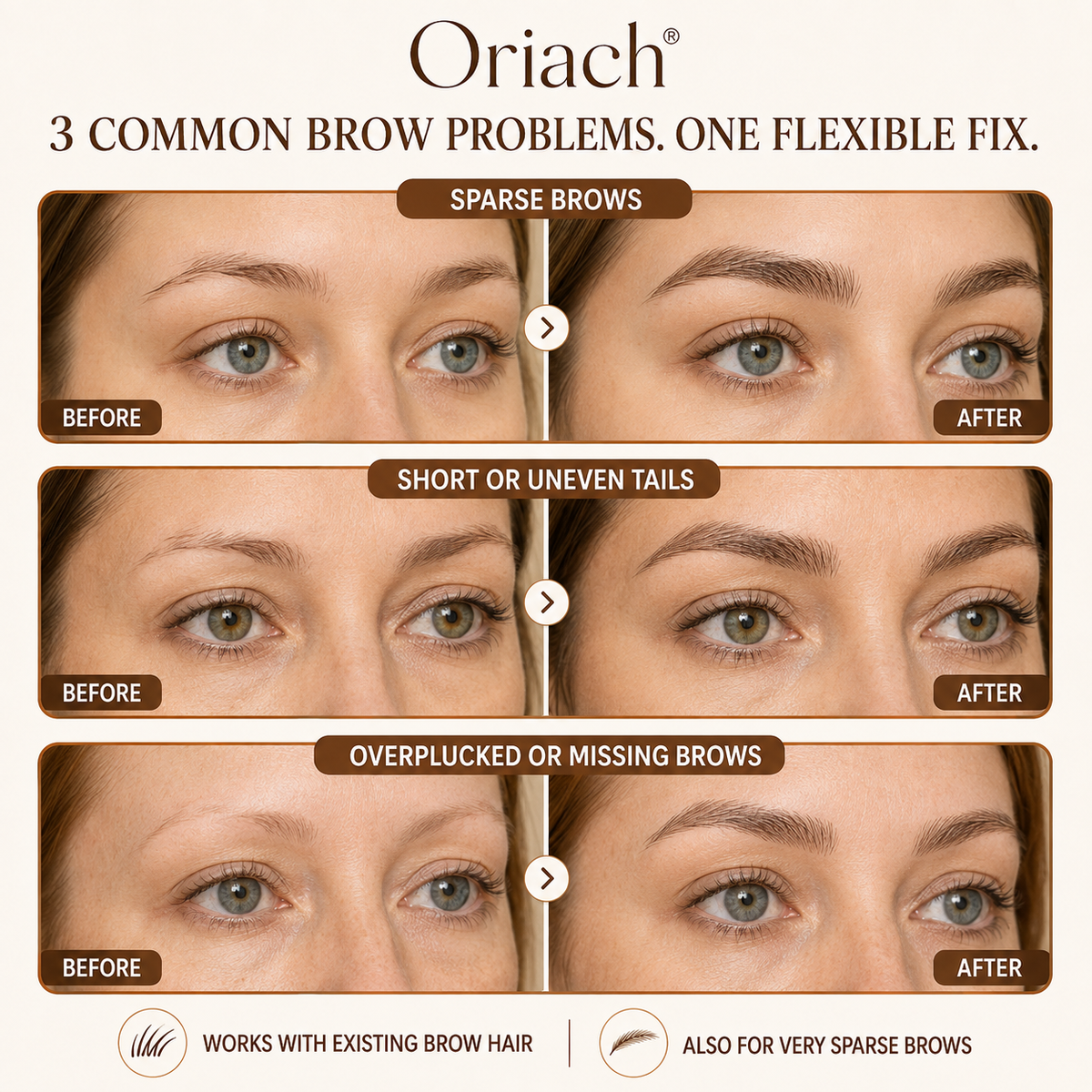 Examples for sparse, uneven, overplucked or missing brows