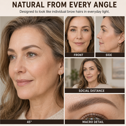 Natural-looking eyebrow transfers shown from front, side, 45 degree and macro views