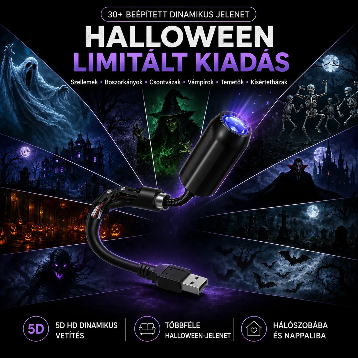 ハロウィン限定版 5Dホログラフィックプロジェクター – 30種類以上のダイナミックシーン内蔵