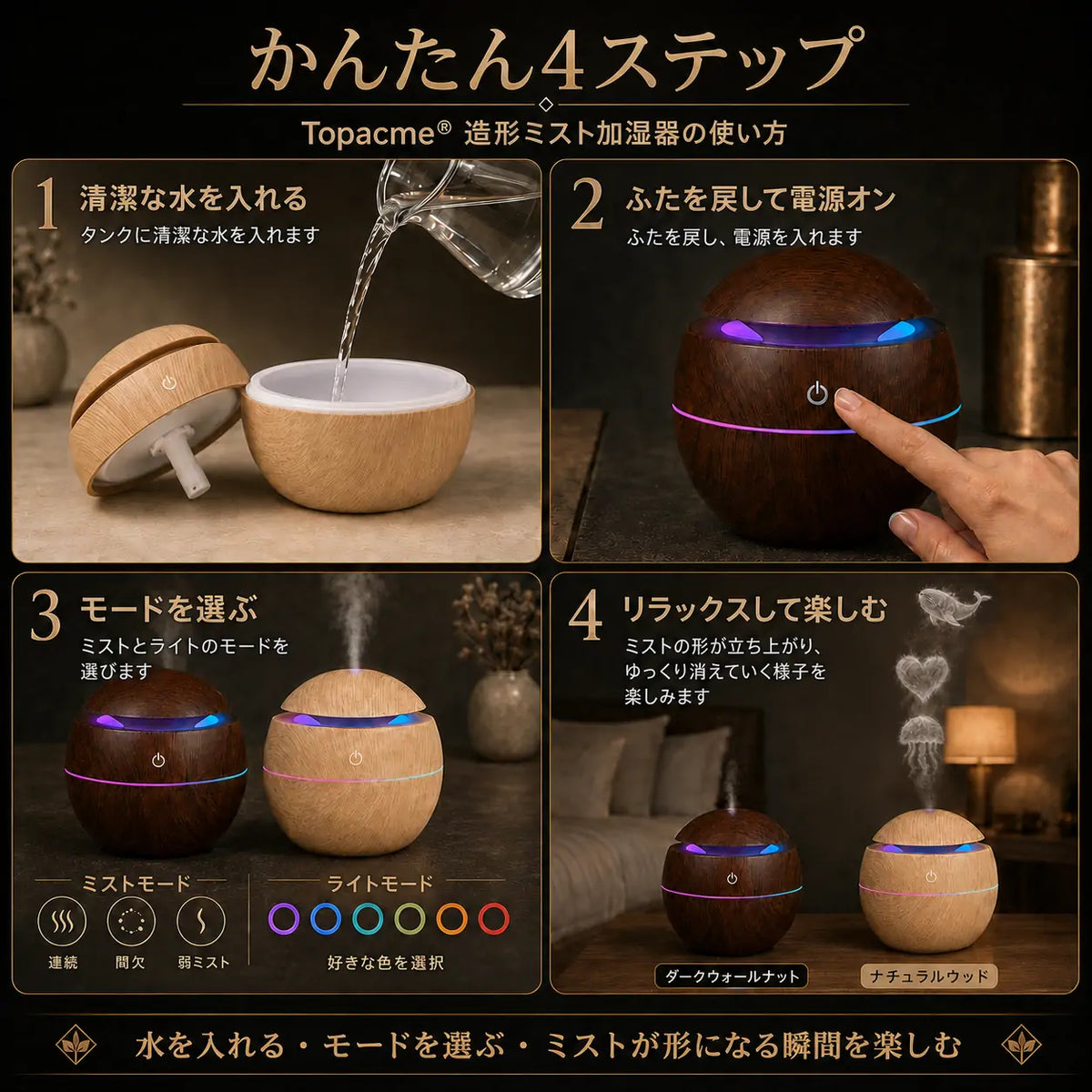 Topacme® 4-in-1 ダイナミックミスト・アロマ加湿器